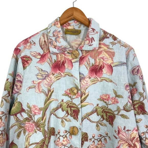 Vintage Painted Pony Linen Jacket Floral Blue Artsy Boho Button Front Top L Y2K - Picture 4 of 9